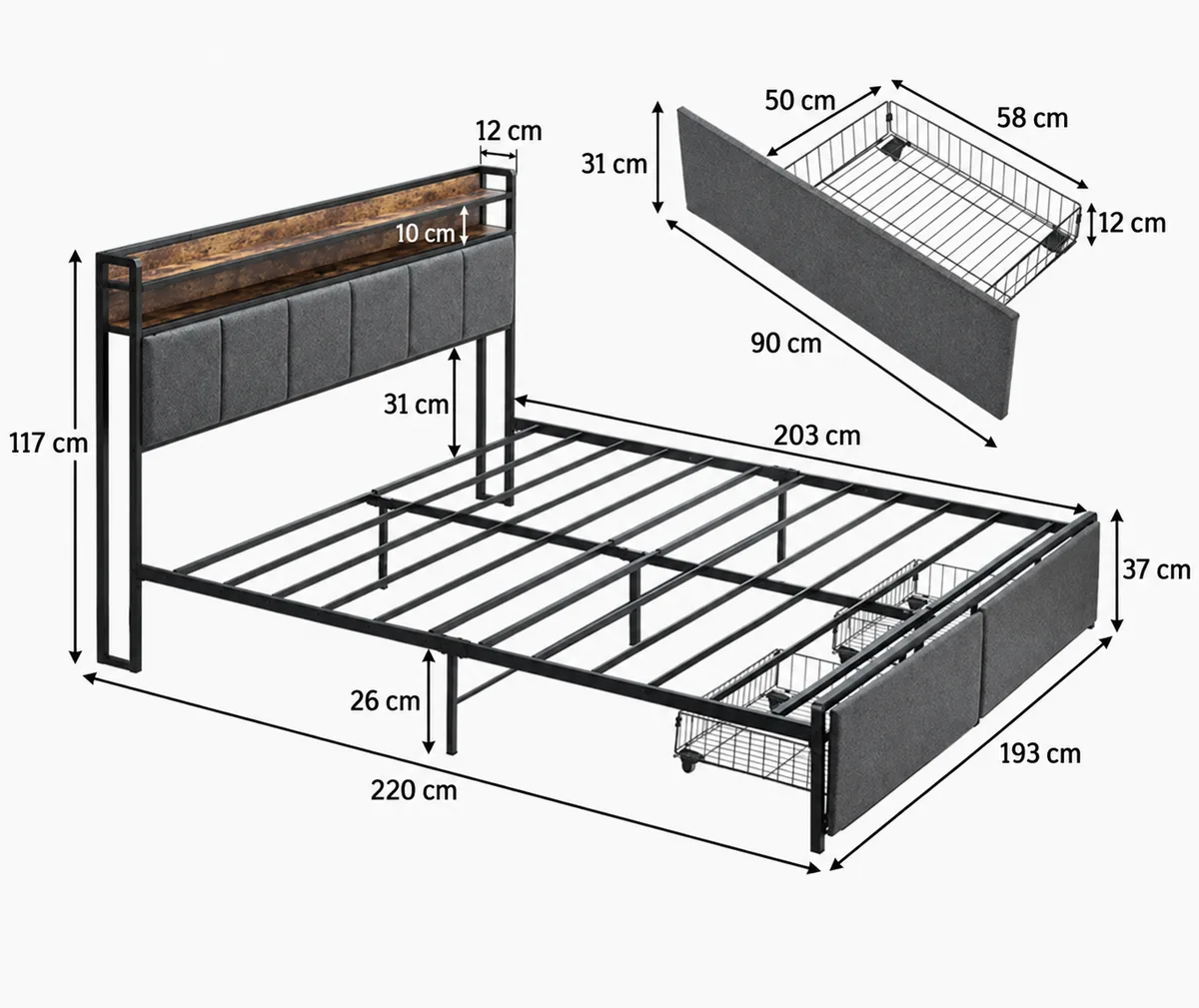 Letto in acciaio con cassetto contenitore, lunghezza 220 cm