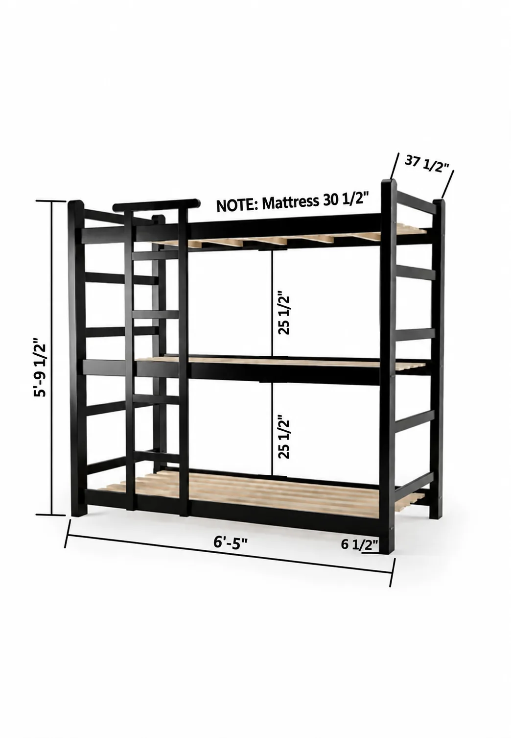 Triple steel bunk bed with ladder, 6'-5" long