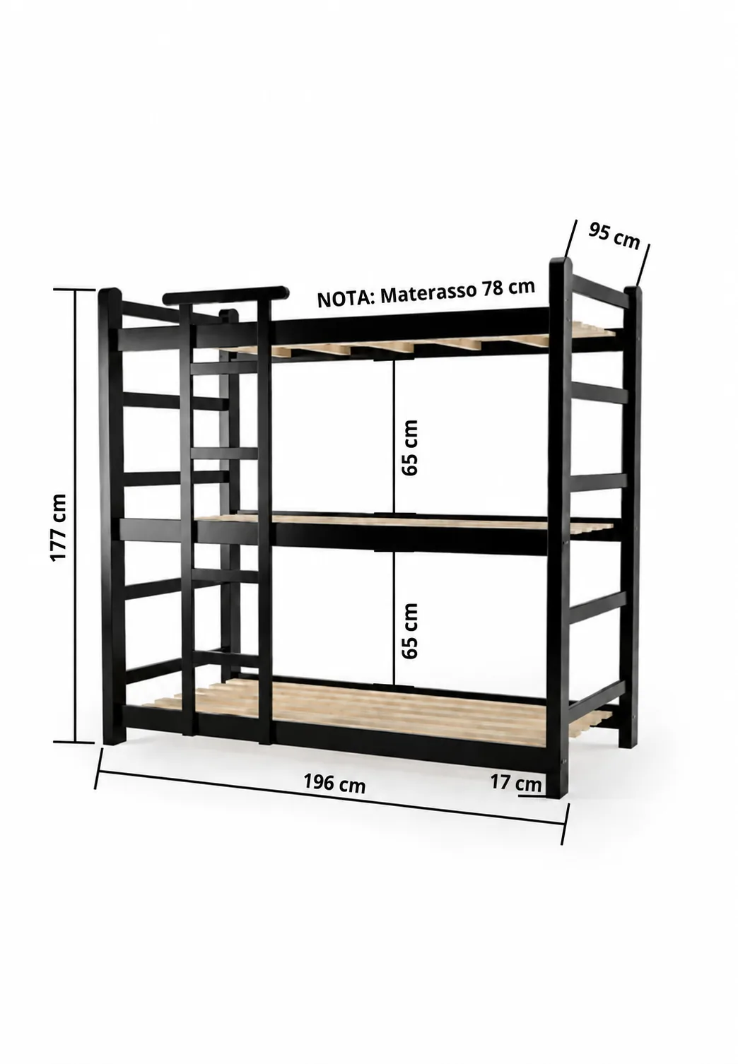 Letto a castello triplo in acciaio con scala, lunghezza 196 cm