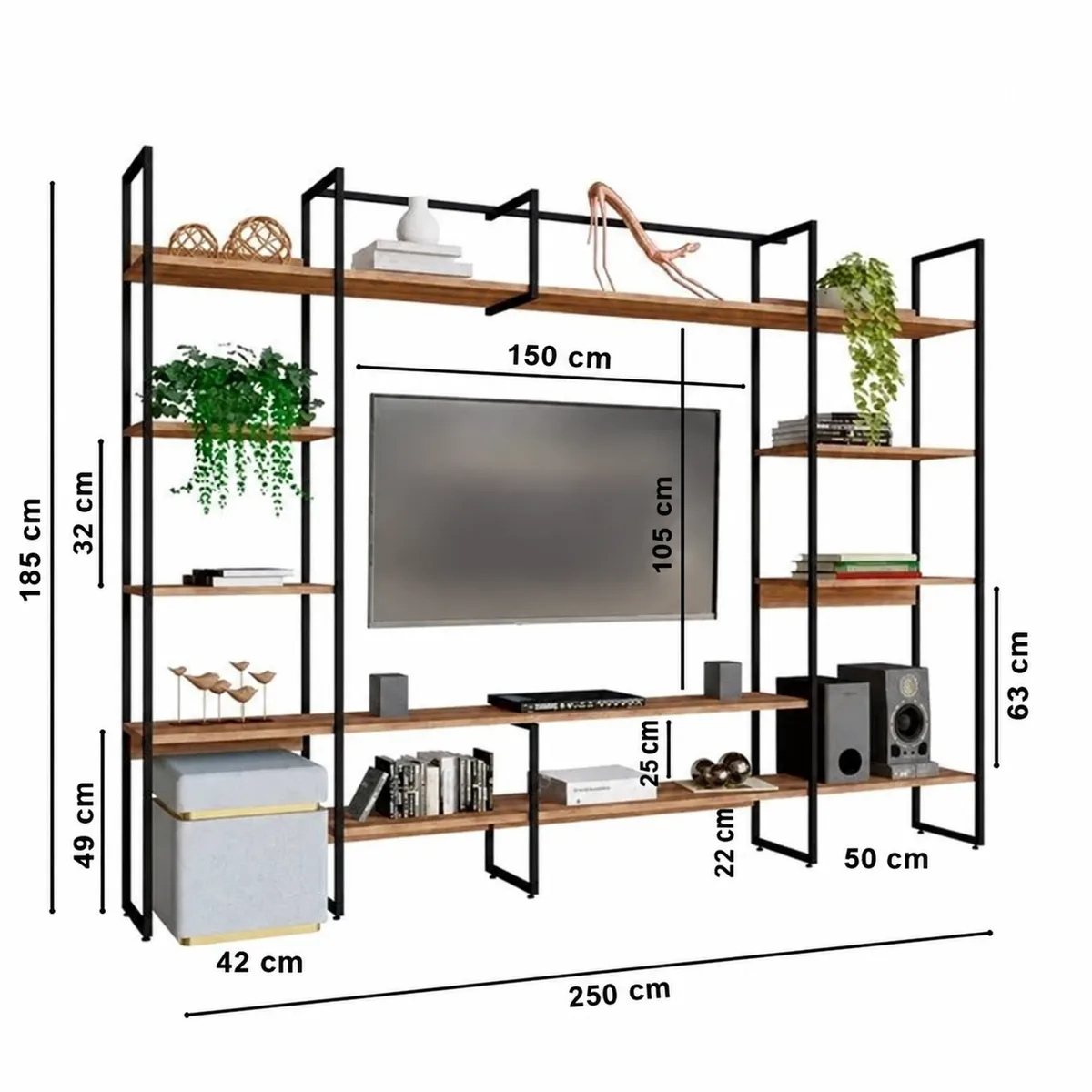 Parete attrezzata per TV in acciaio e legno, larghezza 250 cm