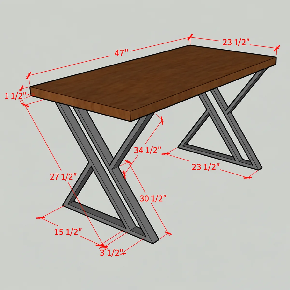 Wood table with steel X-frame legs, 47" long