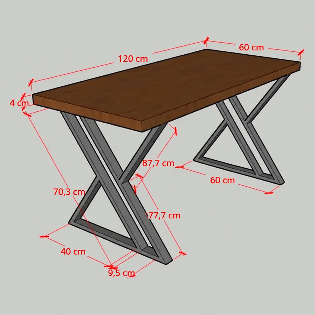 Tavolo in legno con gambe a X in acciaio, lunghezza 120 cm