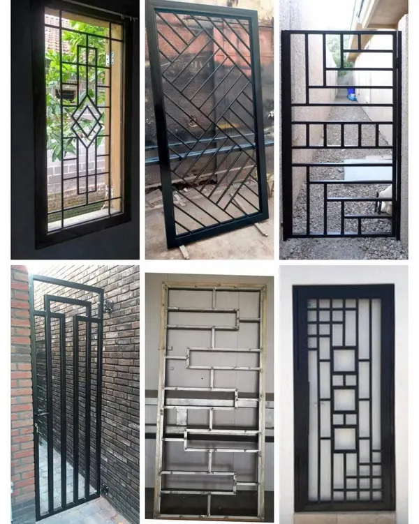 Six welded steel security gates with geometric patterns